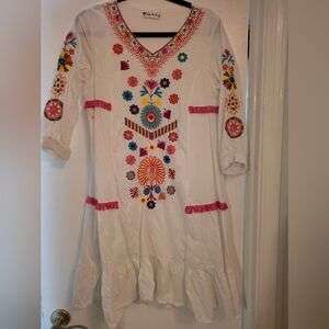 White Dress with Colorful Embroidery